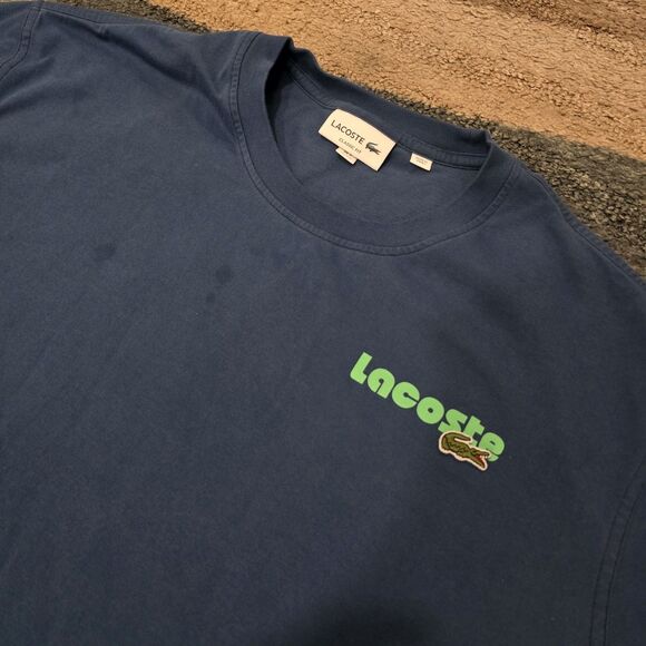 Lacoste Mens Crew Neck  Cotton T-shirt Size 7 Repeat Logo Print Blue - Picture 3 of 6